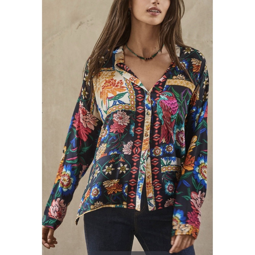NEW Johnny Was Eirene Audrey Silk Oversized Blouse Top Shirt Boho Floral XL